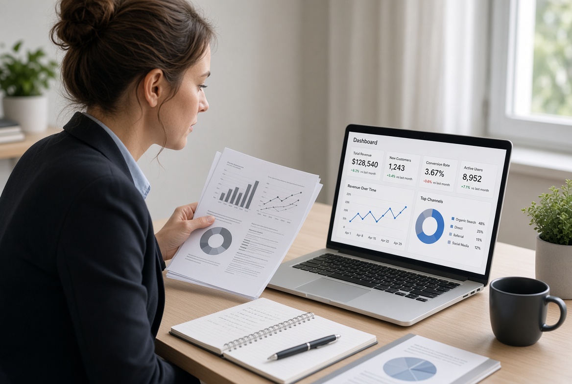 Professional reviewing digital documents and figures with handwritten notes beside the keyboard