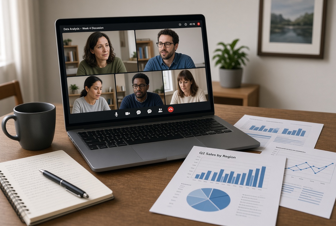 Remote meeting on a laptop in a quiet home office with notepad open